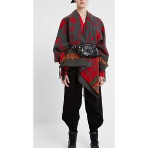 Desigual Poncho Wool Shawl Wrap Embroidered Gray Red 54x31 Fringe Boho Western